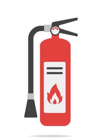 RED FIRE EXTINGUISHER WITH FLAME ON LABEL
